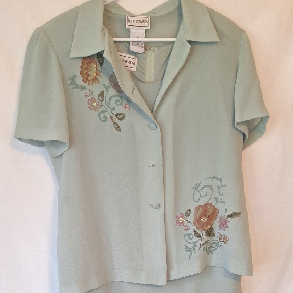 Karin Stevens Women's Embroidered 2 Piece Dress Outfit- Light Green. Size 16.